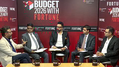 Rohit Garg, Partner, Shardul Amarchand Mangaldas, Krishan Arora, Partner, Indirect Tax, Grant Thornton Bharat, and Raghav Madan, Director, Deloitte India speaking at a panel discussion on Budget 2026 hosted by Fortune India