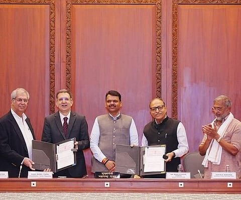 (from left to right) Noel N. Tata, Chairman, Tata Trusts; Siddharth Sharma, CEO, Tata Trusts; Devendra Fadnavis, Chief Minister of Maharashtra; Ganesh Patil, Secretary, Soil and Water Conservation Department, Maharashtra; Nana Patekar, Actor and Founder, Naam Foundation.