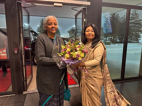 Nirmala Sitharaman is welcomed upon arrival by Gloria Gangte, Ambassador of India to Norway at the Oslo Airport, Norway, today.