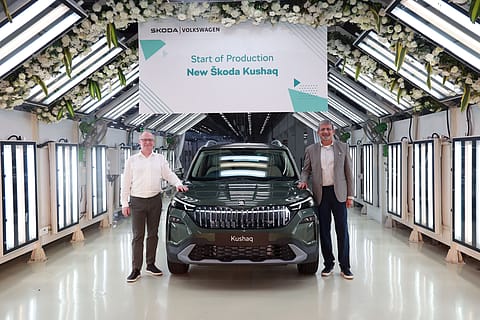 The refreshed Škoda Kushaq rolling off the production line at Chakan plant in Pune