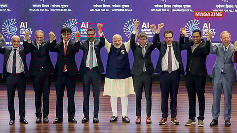 PM Narendra Modi with tech leaders at the India AI Impact Summit 2026.