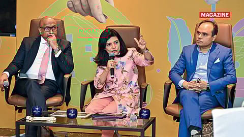 (From left) Rajesh Nambiar, president, Nasscom; Sindhu Gangadharan, chairperson, Nasscom; and Srikanth Velamakanni, CEO, Fractal Analytics, at the NTLF in Mumbai. 