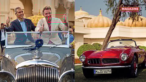 (From left): Arjun Oberoi (left), 
executive chairman, The Oberoi Group, and Simon Kidston, the Master of Ceremonies, atop a Bentley G25 at The Oberoi Concours d’Elegance, in Udaipur; The BMW 507 Roadster in Fire Engine red made famous by Elvis.