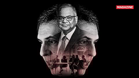 N. Chandrasekaran, chairman, Tata Sons (front) and Noel Tata, chairman, Tata Trusts