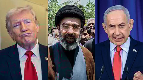 (From left) U.S. President Donald Trump, Iran’s Supreme Leader Mojtaba Khamenei, and Israel’s Prime Minister Benjamin Netanyahu