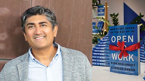 Aneesh Raman with the cover of his newly launched book Open to Work.
