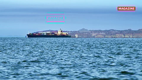 A cargo container ship in the Strait of Hormuz.