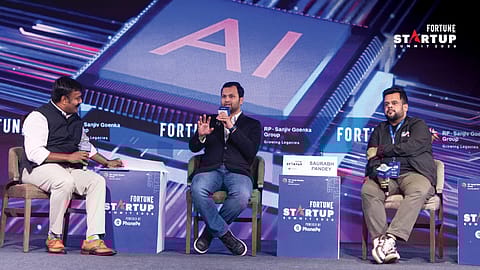 Haren Chelle (centre), co-founder & CEO, PulseGen.io; Saurabh Pandey, founder & CEO, Eloelo; with Manu Balachandran (left), deputy editor, Fortune India, at the Fortune India Startup Summit in Bengaluru.