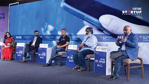 (L to R) Ajita Shashidhar, National Editor, Fortune India; Rishav Jain, Managing Director, Alvarez & Marsal; Shashi Kumar, Founder & CEO, Akshayakalpa Organic; Saumyajit Roy, Co-founder & CEO, Emoha Elder Care; and Siddharth Nihalani, Co-founder, Practo.