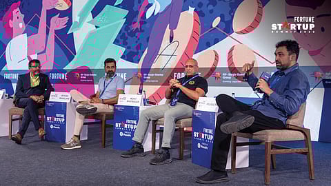 L-R: V. Keshavdev, Executive Editor, Fortune India; Ritesh Banglani, Partner, Stellaris Venture Partners; Mohit Bhatnagar, Managing Director, Peak XV Partners; Pranav Pai, Founding Partner and Chief Investment Officer, 3one4 Capital, speaking at Fortune India Startup Summit 2026 in Bengaluru.