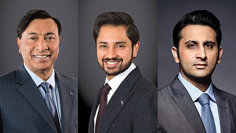 (L-R) L.N. Mittal, Aditya Mittal, Adar Poonawalla