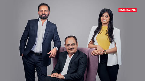Chandubhai Virani (centre), founder & MD, Balaji Wafers; with Mihir Virani (left), director, Balaji Wafers; and Manasi Virani, director, Balaji Wafers.