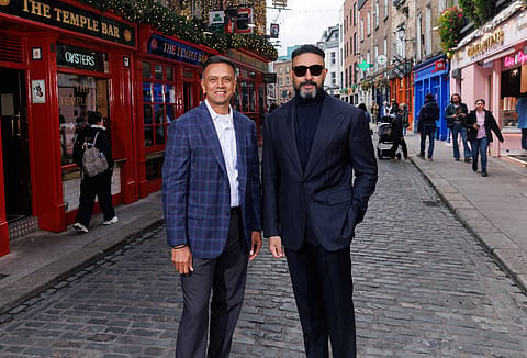 Rahul Dravid, owner of Dublin Guardians, with Abhishek Bachchan, co-founder of ETPL, in Dublin