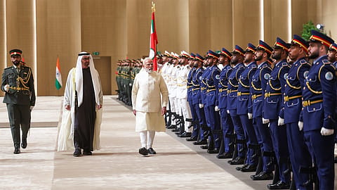 Prime Minister Narendra Modi with UAE President Sheikh Mohamed bin Zayed Al Nahyan during bilateral discussions in Abu Dhabi, as India and the UAE deepened strategic cooperation across energy, investment and supply chain sectors.