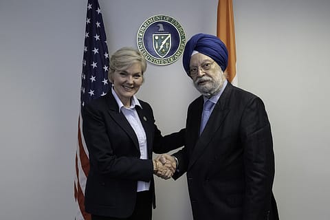 U.S. Energy Secretary Jennifer Granholm and Union Minister of Petroleum and Natural Gas Hardeep Singh Puri in Washington D.C.