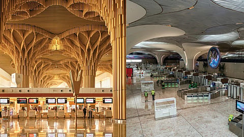 Terminal 2 of Lokapriya Gopinath Bordoloi International Airport (left) and Navi Mumbai International Airport.