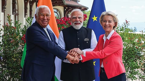 Prime Minister Narendra Modi with European Council President António Costa (left) and European Commission President Ursula von der Leyen, on the sidelines of the G7 Summit in France.