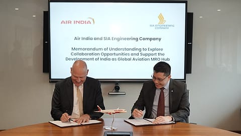 Air India CEO & MD Campbell Wilson and SIAEC CEO Chin Yau Seng sign and exchange an MoU in Mumbai on 3 July 2026