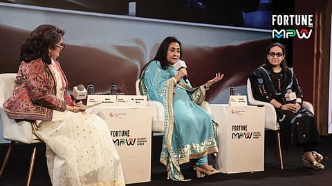 (From left) Fortune India's Ajita Shashidhar with Jyotsna Suri, Chairperson & MD, The Lalit Suri Hospitality Group; and Shradha Suri Marwah, CMD, Subros, at the Fortune India MPW 2026 event.
