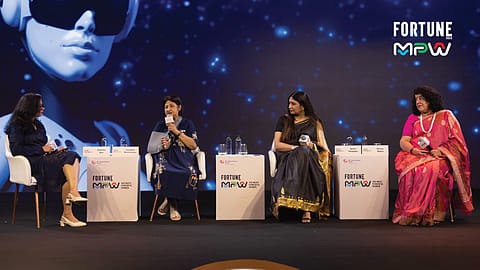 (From left) Fortune India's Rukmini Rao with panellists Arundhati Bhattacharya, Ipsita Dasgupta, and Devina Mehra.