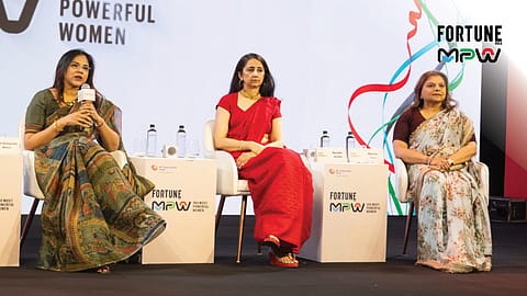 (From left) Ritu Gangrade Arora, Country Head-India, Allianz Services; Manisha Girotra, CEO, Moelis India; and Amisha Vora, Chairperson & MD, PL Capital Group (Prabhudas Lilladher), at the Fortune India MPW 2026 event in Mumbai.