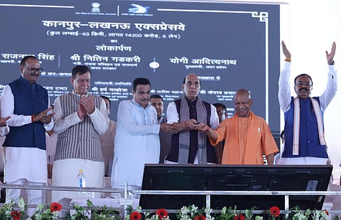 Union Defence Minister Rajnath Singh, Union Road Transport and Highways Minister Nitin Gadkari, and Uttar Pradesh Chief Minister Yogi Adityanath during the inauguration of the 63-km Lucknow-Kanpur Greenfield Expressway in Lucknow