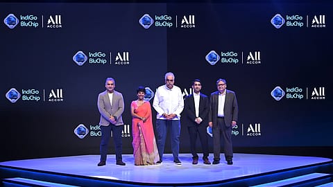 Gaurav Bhushan, Chairman Accor India; Ranju Alex, CEO, Accor South Asia; Rahul Bhatia, InterGlobe Enterprises; Neetan Chopra, Chief Digital and Information Officer, IndiGo; Aditya Pande, Group CEO, InterGlobe Enterprises (L-R)