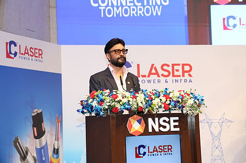 Deepak Goel, hairman and Managing Director, Laser Power & Infra, speaking at the listing ceremony today