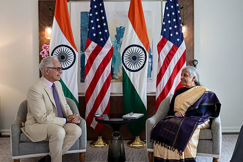 Union Finance MInister Nirmala Sitharaman with Hyatt President and CEO Mark S Hoplamazian during a meeting, in Chicago, USA.