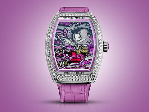 A playful, whimsical cartoon characted created by the artist Loes Van Delft-- men’s watch and the Skull watch