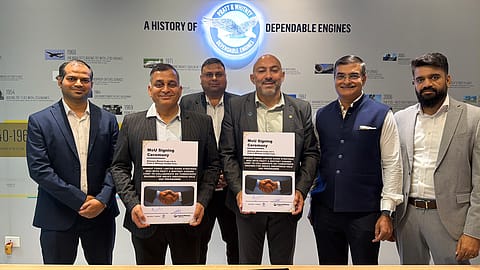 Officials from Bharat Forge and Pratt & Whitney Canada at the signing of the collaboration to explore turboprop engine integration for India’s indigenous HALE UAV programme.