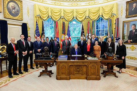Essar Group Vice Chairman and Founder Ravi Ruia and Mesabi Metallics Chairman Rewant Ruia at the White House during the announcement of the company’s $18 billion US steel investment.