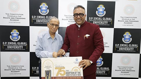 Infosys founder N.R. Narayana Murthy with Prof. (Dr.) C. Raj Kumar, Founding Vice Chancellor of O.P. Jindal Global University.