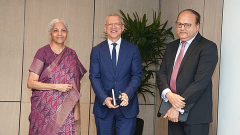 Finance Minister Nirmala Sitharaman with Leslie Maasdorp (middle), CEO of British International Investment and Srini Nagarajan, Managing Director and Head of Asia, in Singapore.