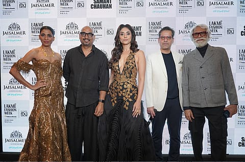 From L to R Designer Samant Chauhan, Kunal Madan, Chief Marketing Officer, Radico Khaitan Limited; showstopper and actor Pavleen Gujral; and Sunil Sethi, Chairperson, FDCI