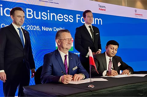 L-R: Krzysztof Zdziarski, CEO of PESA Bydgoszcz, and Vivek Lohia, MD of Jupiter Wagons, sign the MoU in New Delhi on Friday
