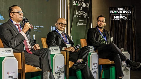 L-R: Pratik Shah, Partner and National Leader for Financial Services, EY India; Pankaj Gadgil, Head-digital platforms and payments strategy, Aditya Birla Capital; Aman Goel, Co-Founder & CEO, GreyLabs AI