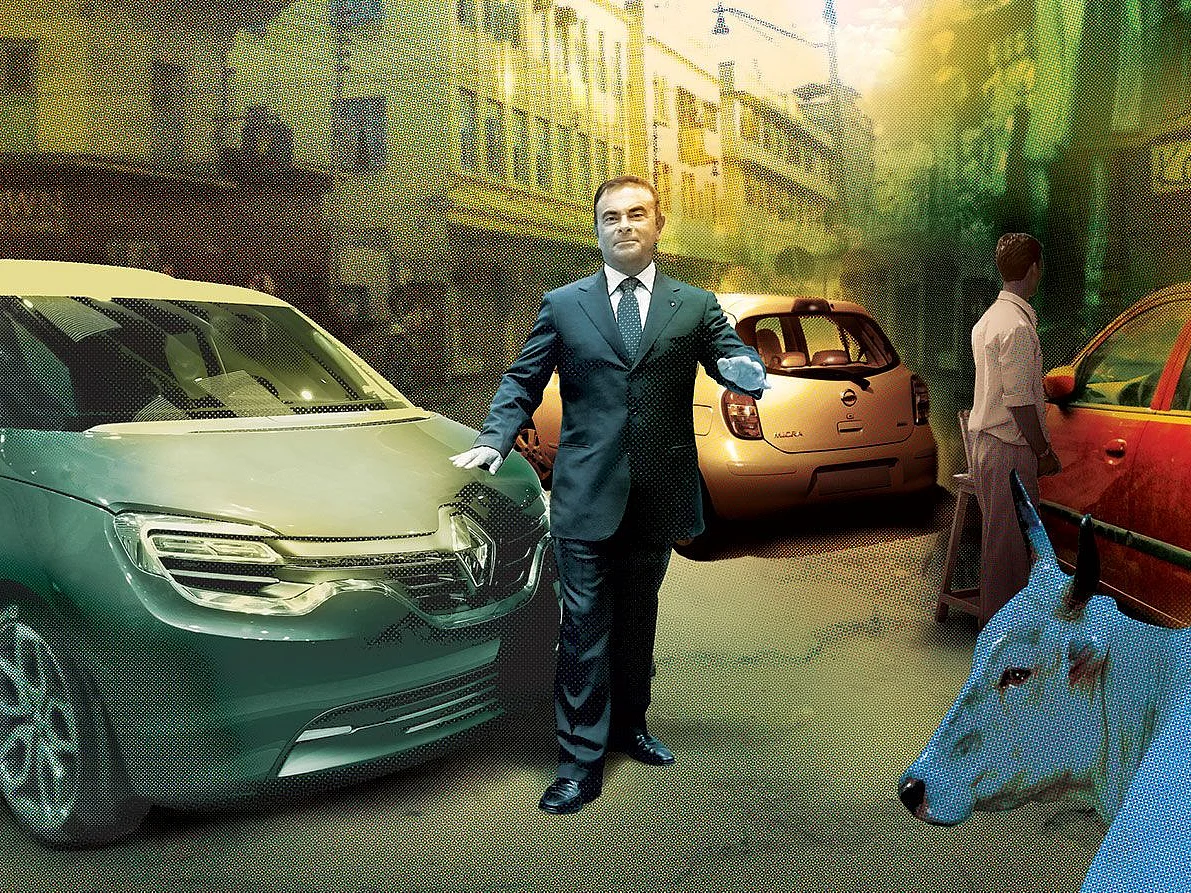 An artist’s impression of Carlos Ghosn, chairman, Renault-Nissan, on a typical Indian street.