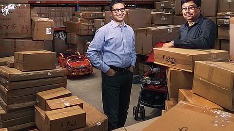 FirstCry co-founders Supam Maheshwari and Amitava Saha at their Pune warehouse.