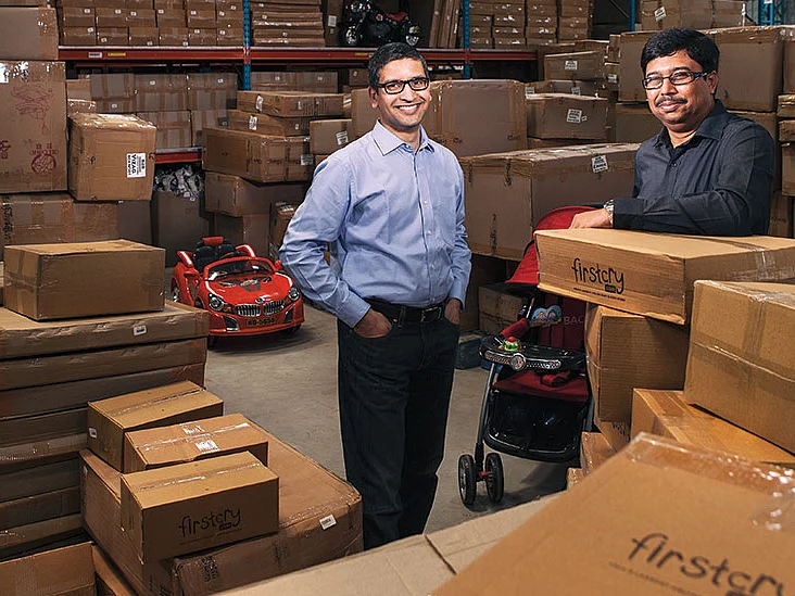 FirstCry co-founders Supam Maheshwari and Amitava Saha at their Pune warehouse.