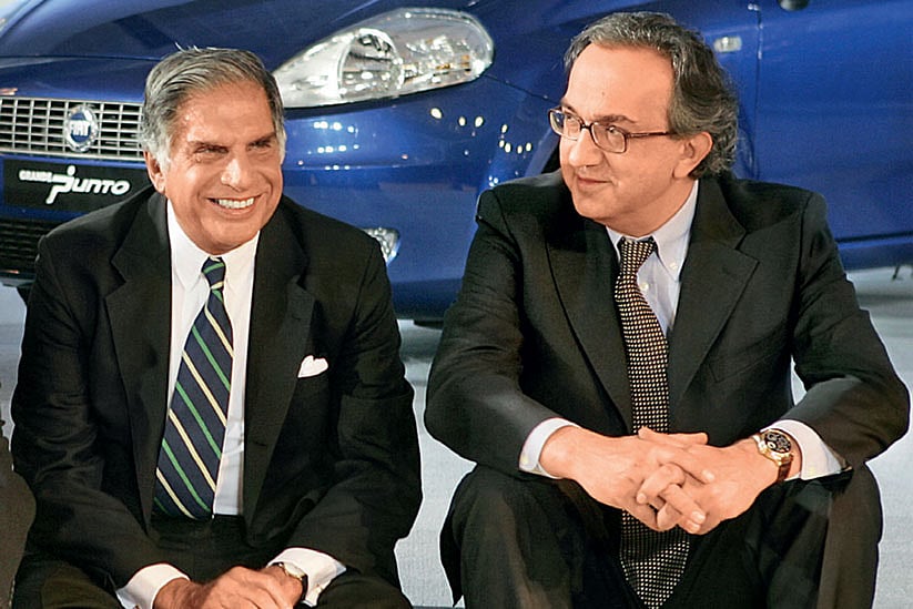 Looking good: Marchionne (R) ditches his trademark sweater as he buttons up for business with Ratan Tata, chairman, Tata Group.