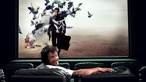 An artist’s impression of Tamil actor Rajnikanth watching a movie in his private theatre.