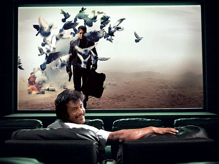An artist’s impression of Tamil actor Rajnikanth watching a movie in his private theatre.