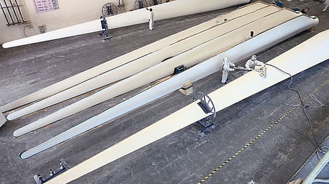 Wind turbine blades inside the Chennai factory of RRB Energy. A single blade can measure upwards of 23 metres.