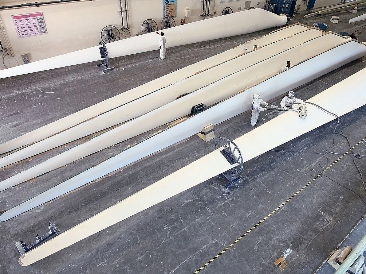Wind turbine blades inside the Chennai factory of RRB Energy.