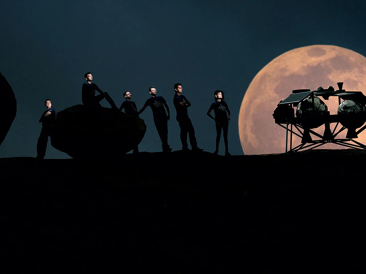 Not sci-fi: Members of Team Indus with the lunar lander in Bangalore. Photo by Bandeep Singh