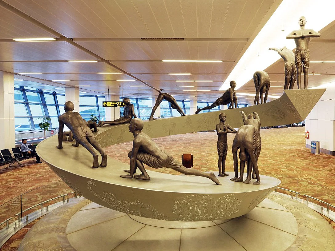  Delhi’s Terminal 3 has a massive sculpture depicting the 12 asanas of the <i>surya namaskar.&nbsp;  </i>