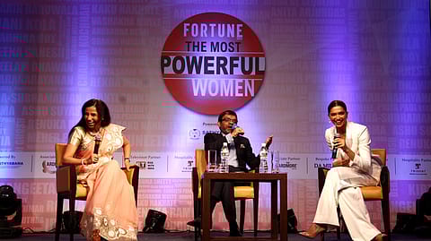 ICICI MD and CEO Chanda Kochhar and actor Deepika Padukone in conversation with Fortune India founding editor D.N. Mukerjea at the Fortune India Most Powerful Women summit in Mumbai, Feb 2. Photo by Sanjay Rawat