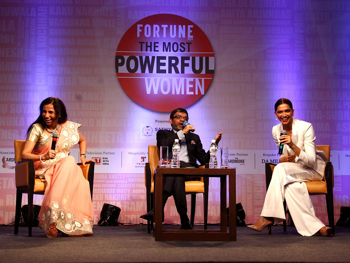 ICICI MD and CEO Chanda Kochhar and actor Deepika Padukone in conversation with Fortune India founding editor D.N. Mukerjea at the Fortune India Most Powerful Women summit in Mumbai, Feb 2. Photo by Sanjay Rawat