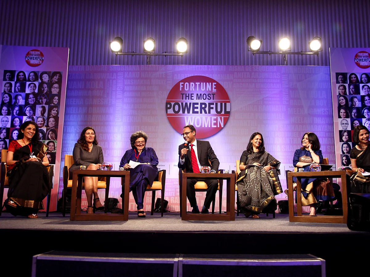 Meena Ganesh, Ameera Shah, Zia Mody, Govindraj Ethiraj, R.M. Vishakha, Archana Hingorani and Jyoti Deshpande at the Most Powerful Women summit. Photo by Sanjay Rawat.